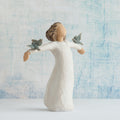Willow Tree Happiness, 5.5”h hand-painted standing resin figure in cream dress, three bluebirds perched on outstretched arms, in front of sky blue painting