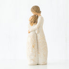 Side view of two brunette girls in white dresses hugging another
