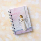 Willow Tree Remembrance Notebook, 6.5"w x 8.5"h, hard-cover, spiral-bound, 240 lined pages, front cover features Remembrance figure on background of purple-blue painting