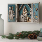 Willow Tree Starry Night Nativity, 8.5”h x 8”w x 2”d resin triptych with hinged doors, cream exterior with gold and blue details, doors open to 16”w with interior bas-relief Nativity scenes, hanging on wall with doors open